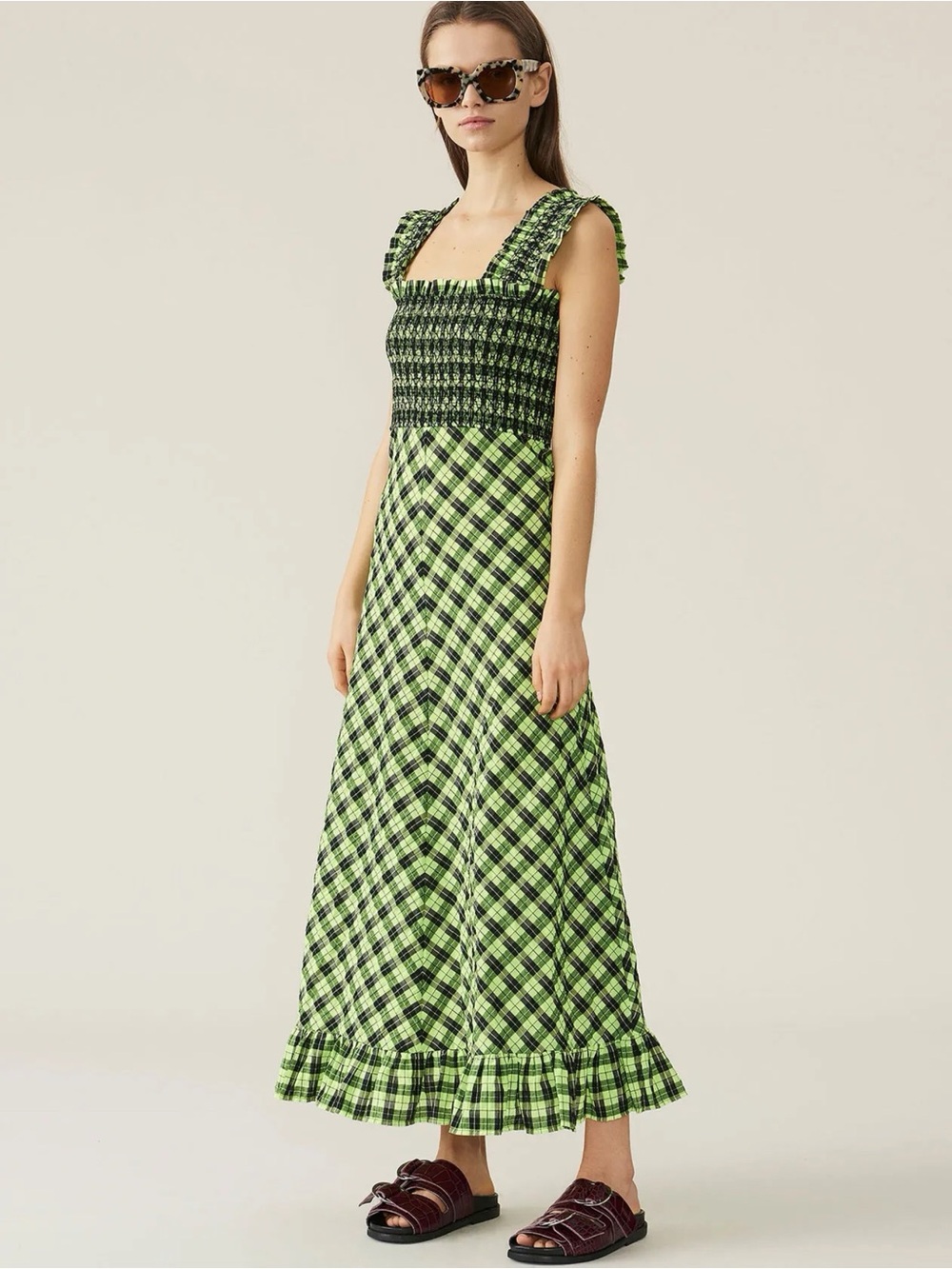 GANNI Seersucker Check Smocked Maxi Dress Neon Green Plaid Ruffle Size 36